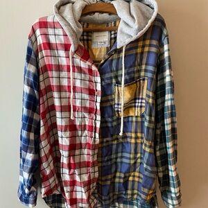 American Eagle Mixed Plaid Hooded Shirt Jacket - Red, Yellow, Navy, Gray